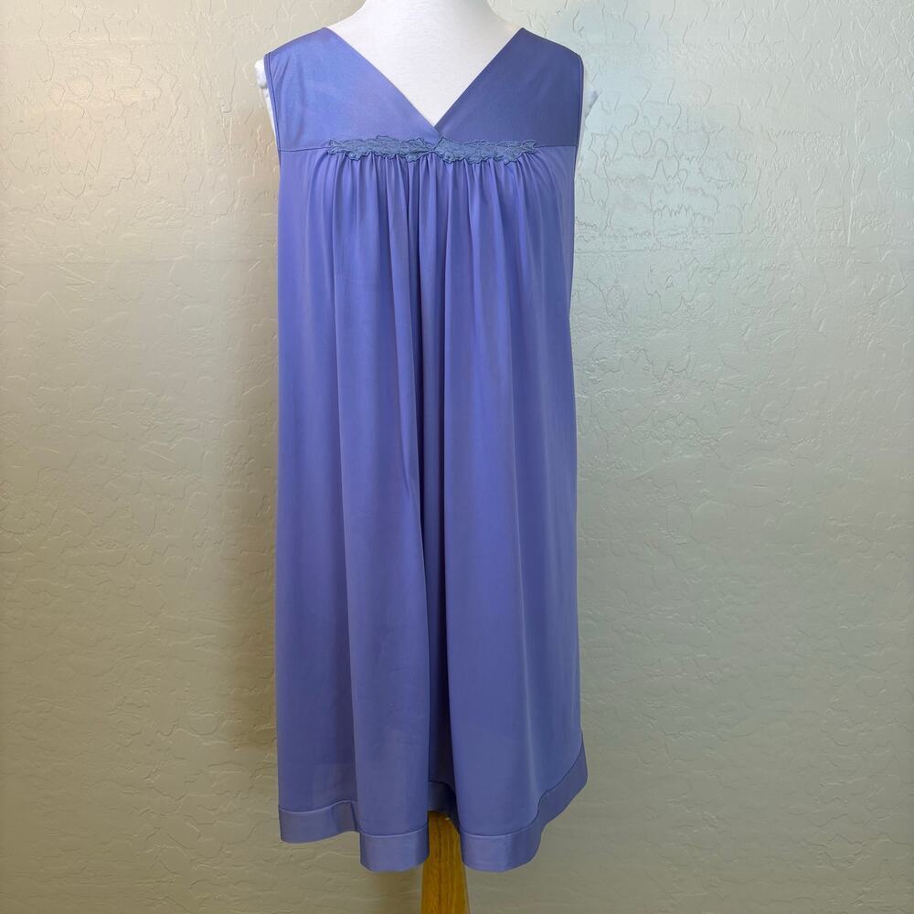 Vintage 60s-70s Vanity Fair Periwinkle Nightgown Sleeveless Satin Trim XL USA